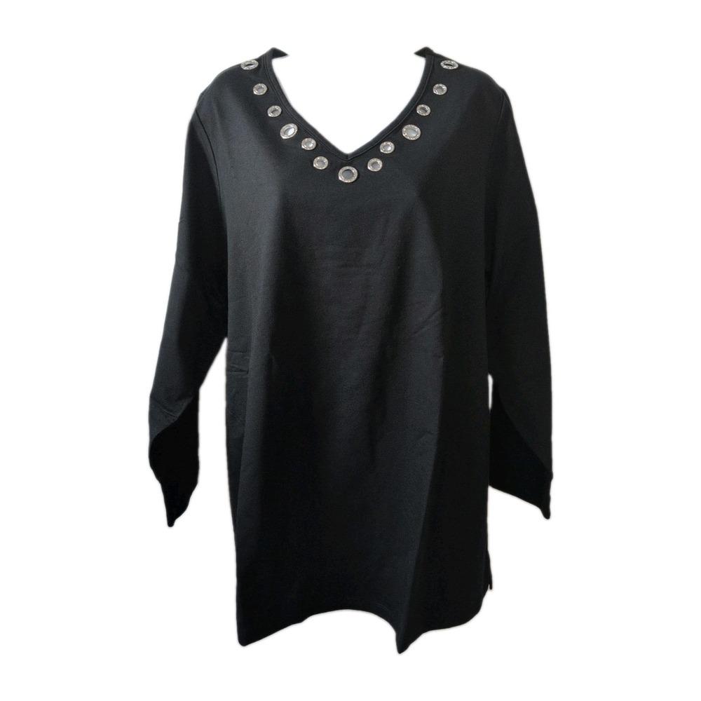 Quacker Factory Embellished Jewel Grommet Knit Long Sleeve Tunic Black 2X - New